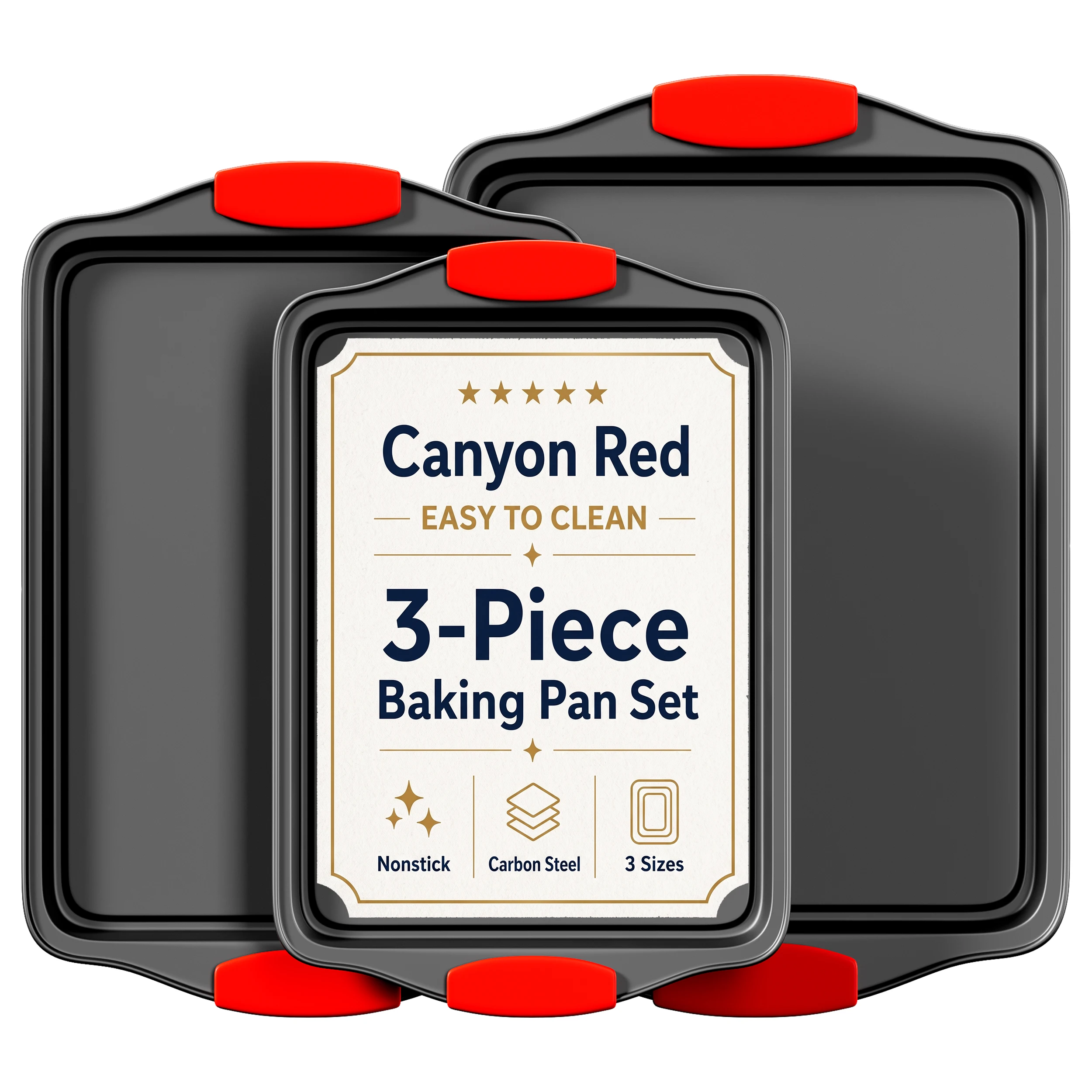 Kitchen Baking Tray Set - ชุดถาดอบขนมแบบไม่ติดกระทะ 3 ชิ้น ทำจากเหล็กกล้าคาร์บอน ดีไซน์หรูหราทันสมัยพร้อมด้ามจับซิลิโคนสีแดง อุปกรณ์อบขนมเหล็กเคลือบกันติดคุณภาพพรีเมียม