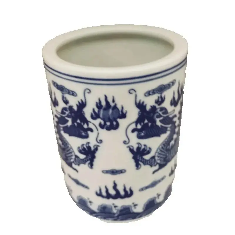China Old Porcelain Collectible Vase Pen Holder Blue And White Double Dragon Pattern Antique Decorative Item