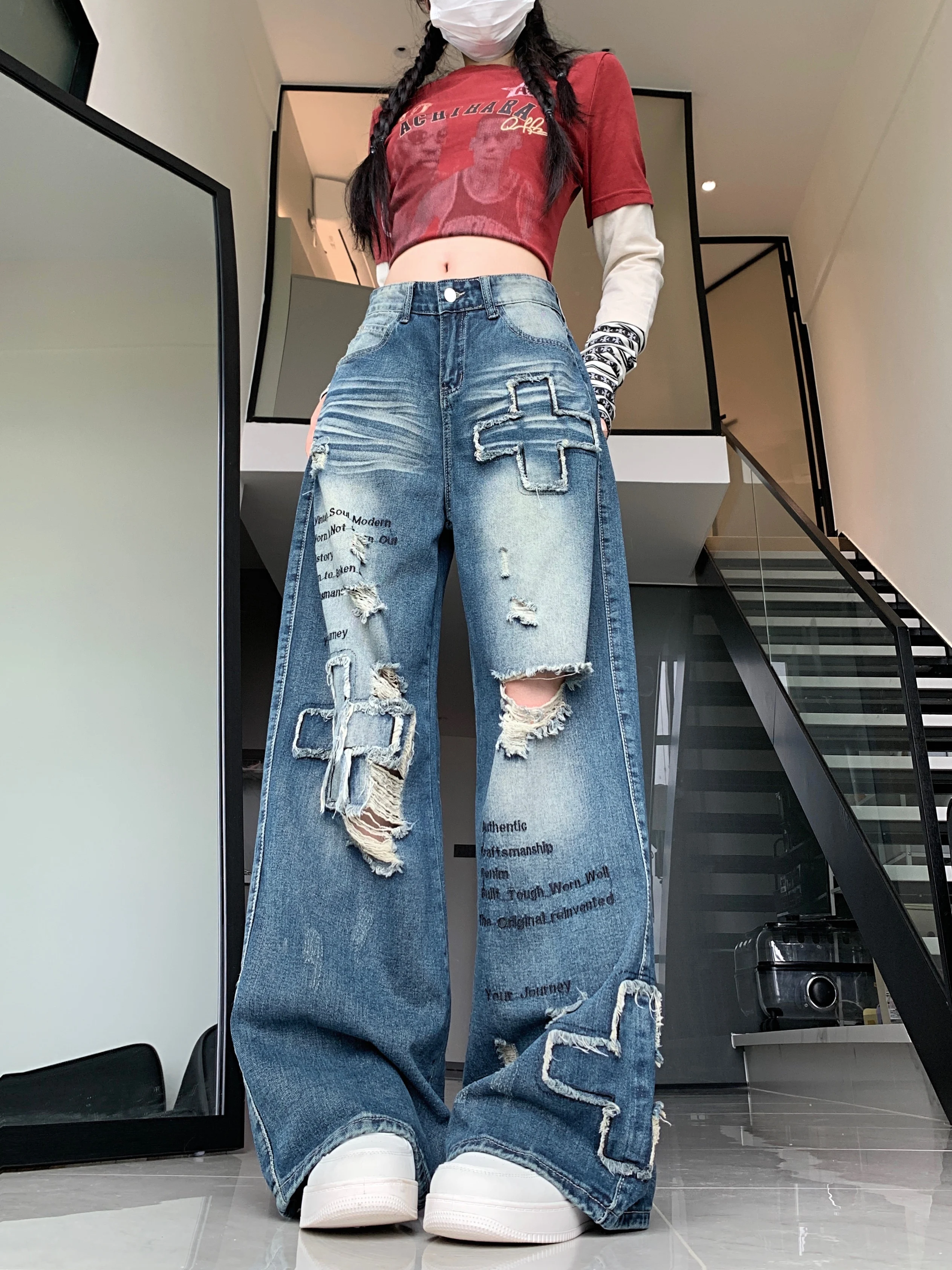 Dames Y2k Blue Jeans Cargo Baggy Esthetische jaren 90 Vintage Broek Harajuku Streetwear Jaren 2000 Emo Trashy Denim Broek Kleding Nieuw