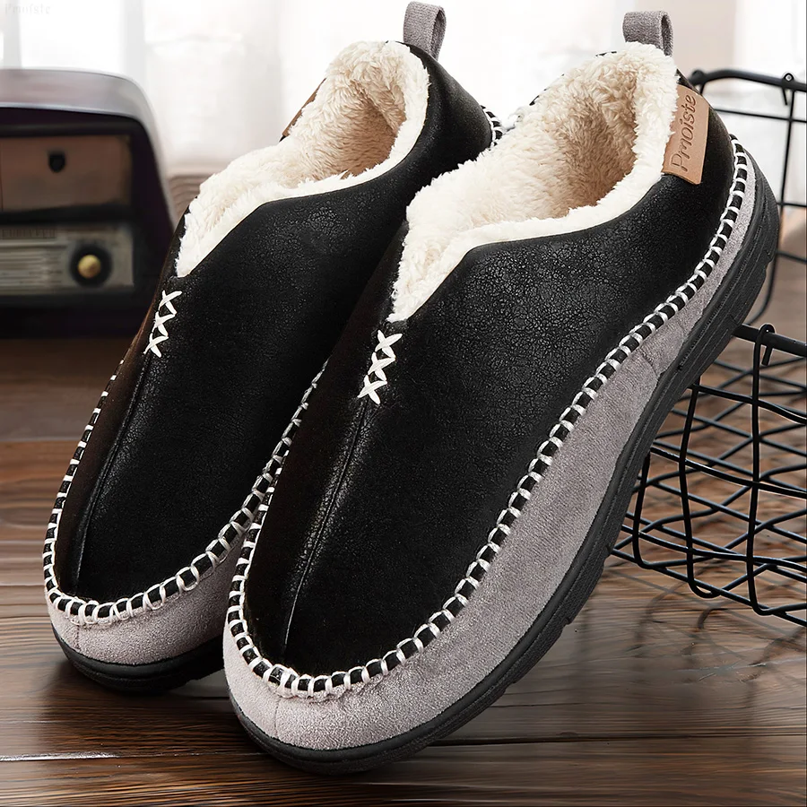 

House Slippers For Men Sewing Patchwork Memory Foam Indoor Outdoor Shoes Warm Plush Street Winter Slippers Non-Slip Big Size