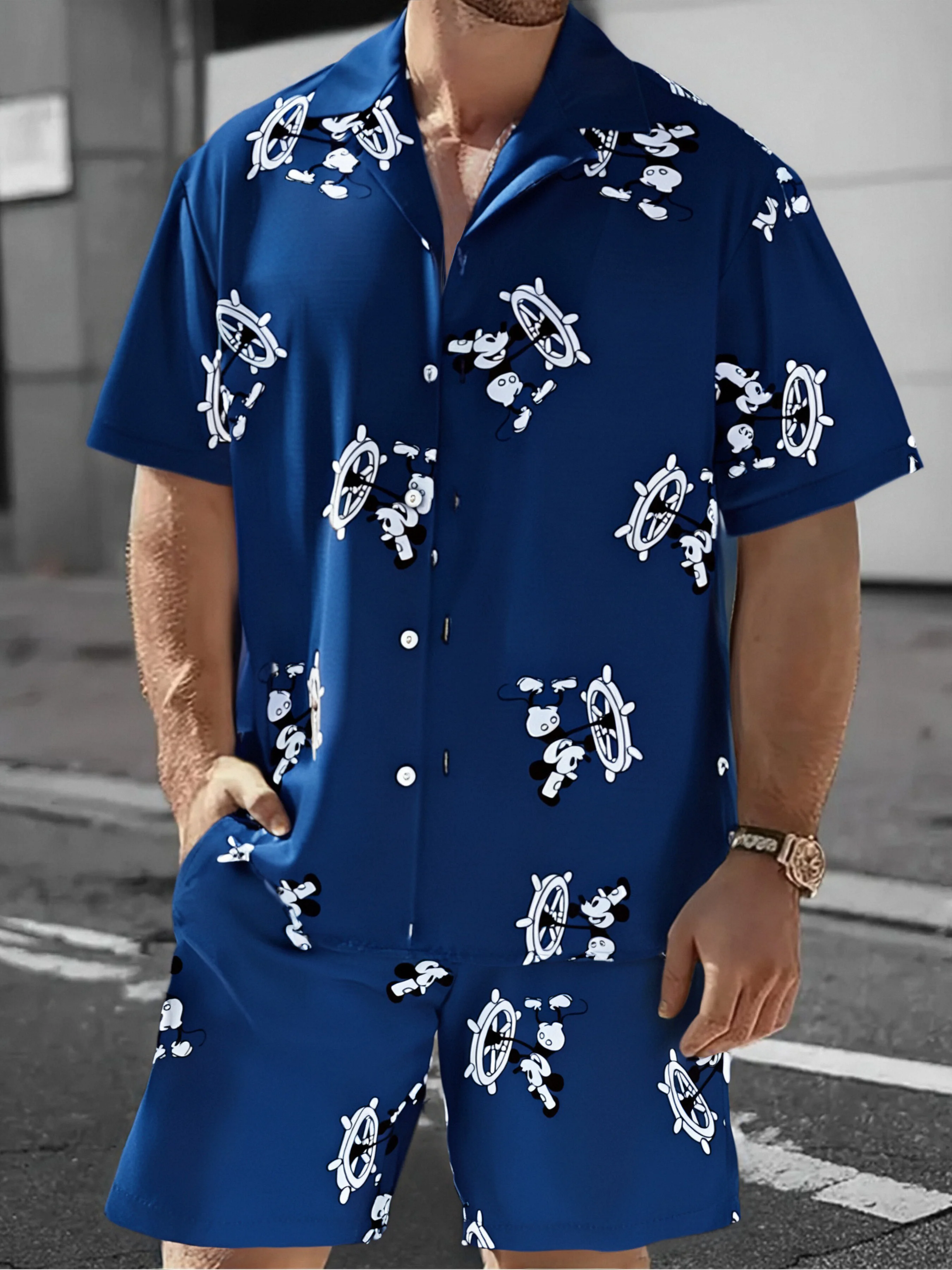 

Men's Blue Cartoon Mickey Print Casual Set 2 Piece Cuban Collar Shirt & Drawstring Shorts Outfit