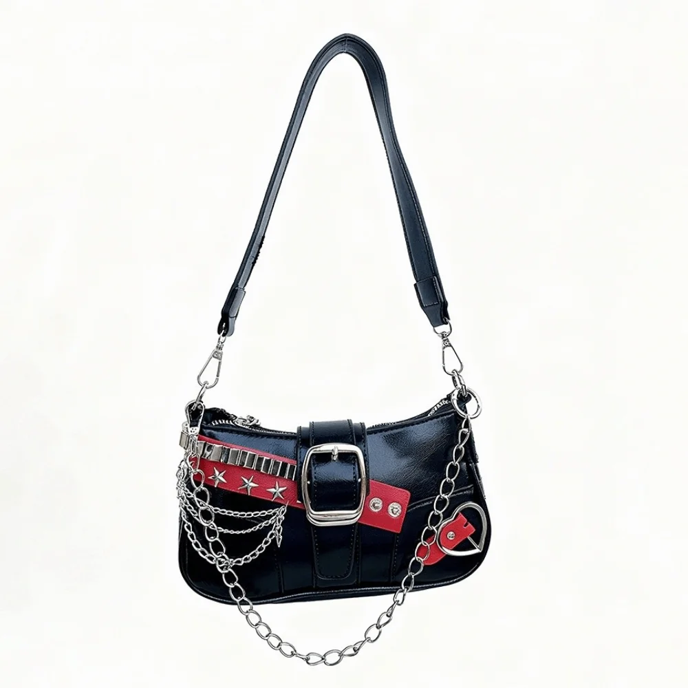 Vintage Y2K Shoulder Bag PU Leather Silver Chain Underarm Bag Commuting Handbag Women
