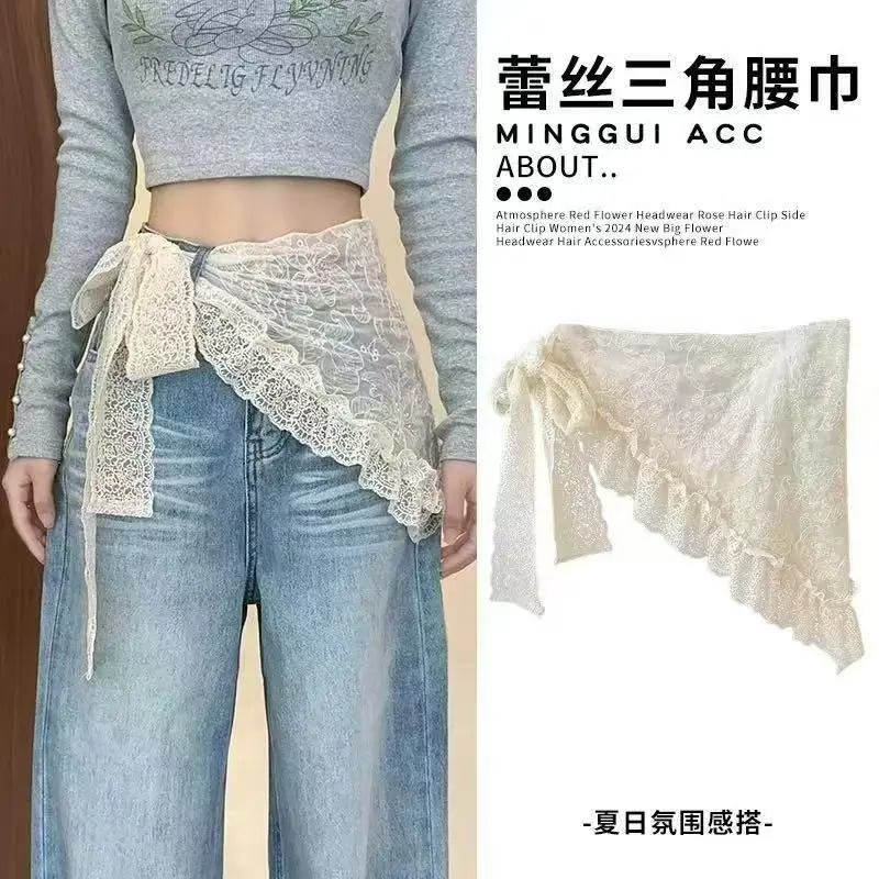 

Women's White Lace Triangle Waist Scarf Layering Accessory for Hip Skirt Bohemian Summer Style Decoration with Bow