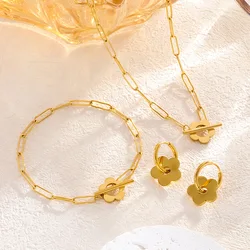 Small Fresh Geometry Plum Blossom OT Buckle Personalized Thick Chain Necklace Earrings Minimalist Bracelet Jewelry Set