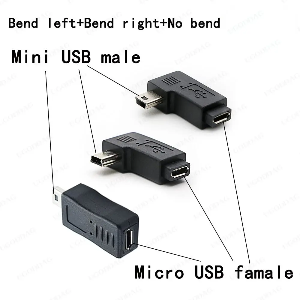 New Mini USB to Micro USB Adapter Plug 90 Degree Left&Right Angle Micro USB Male to Mini USB Female Type B Connector Charge Data