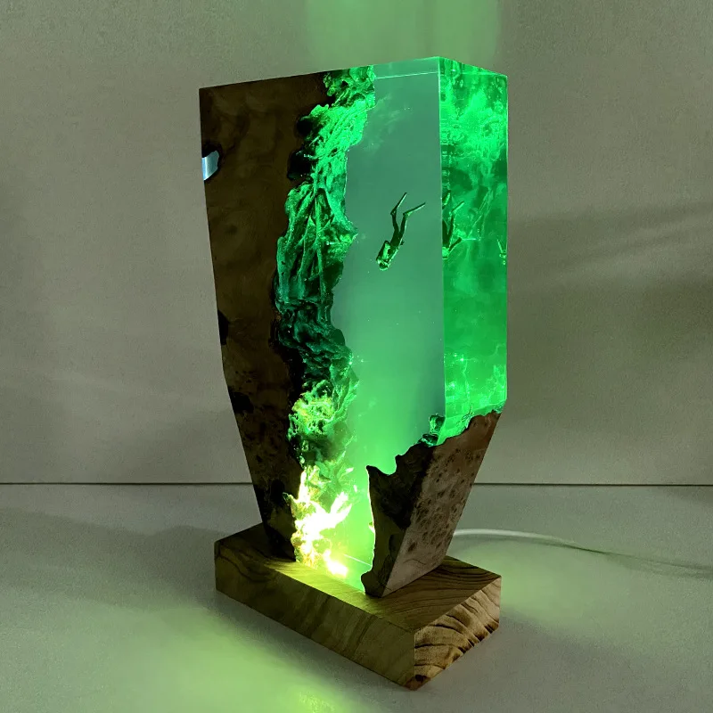 Resin Hammerhead Shark & Jellyfish Night Light, Ocean Series Wood Base LED Lamp Christmas Gift