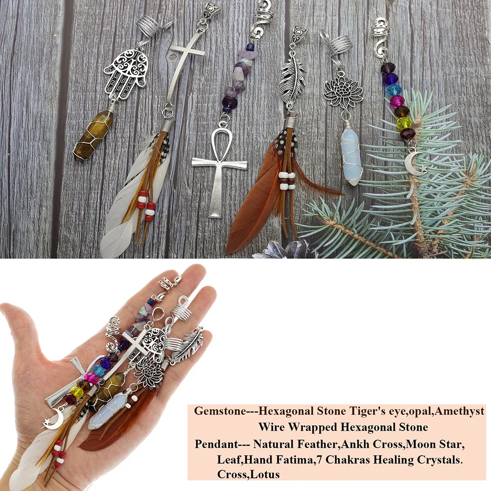 Stone Beads Crystal Feather Cross Pendant Hair Dreadlock Accessories Women Spiral Hairpin Headwear Dangle Dirty Braid Jewelry