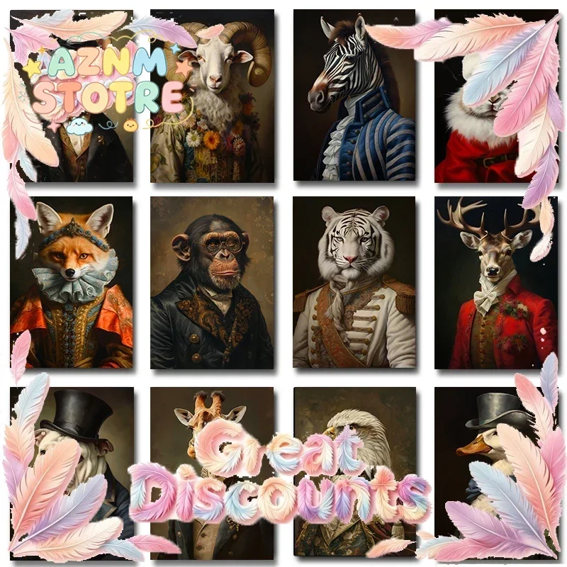 Victorian Animal Portrait Poster Fox Tiger Deer Zebra Sheep Giraffe Duck Eagle Canvas Painting Renaissance Wall Room Home Dec