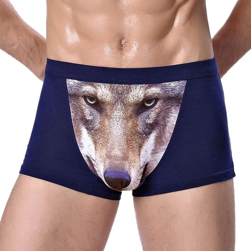 Men\'s Unique 3D Printed Wolf Eagle Head Flat Angle Pants Mid-waist Boxer Shorts Breathable Knitted Modal Fabric