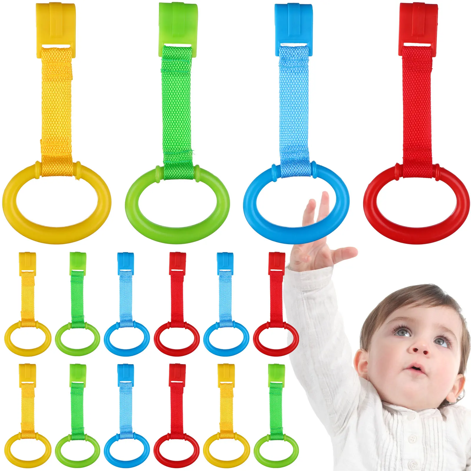 16 Pieces Baby Bed Portable Stand Up Multi-color Wake Up Hook Pull Ring Foldable Pendants Toys Baby Bed Hooks Bed Rings