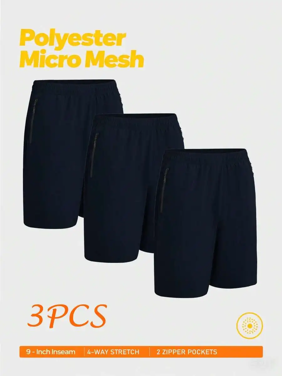 3-Pack Mens Polyester Micro Mesh Shorts 9 Inch Inseam 4-Way Stretch Zipper Pockets