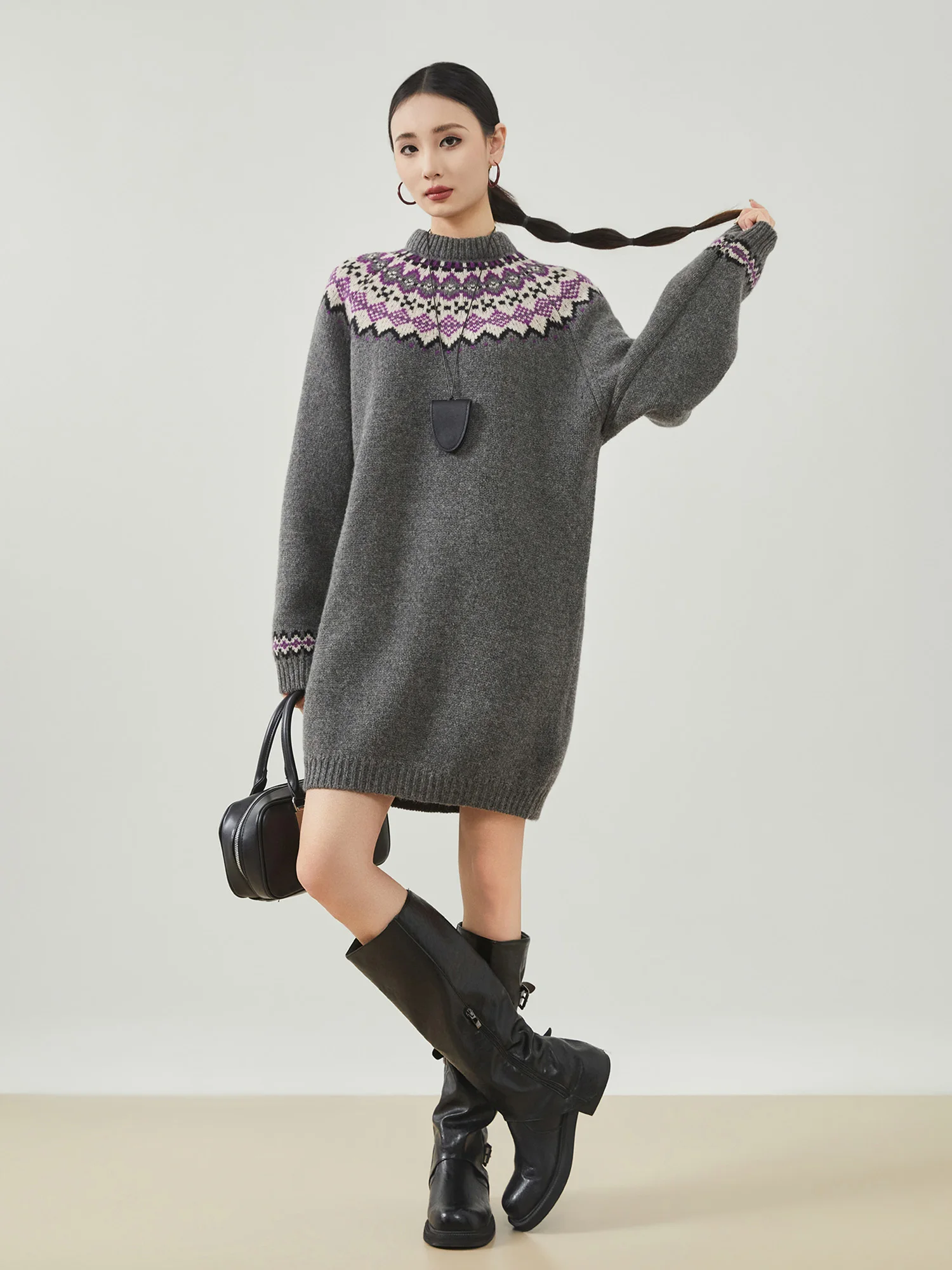 

Свободное круглое трикотажное платье с узором Fair Isle, средней длины, для женщин, весенний сезон, для повседневной носки