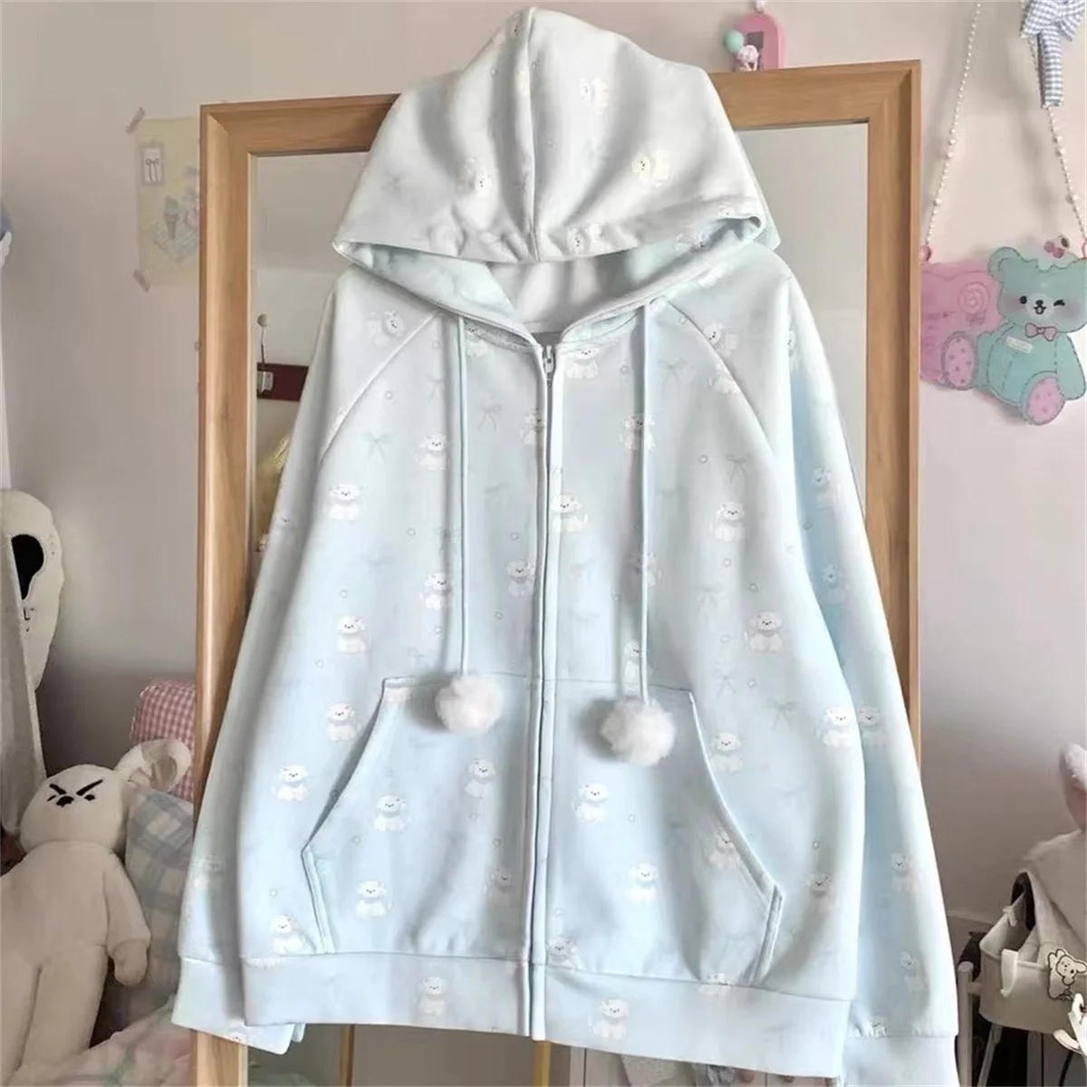 Felpe con cappuccio tascabili patchwork in pizzo giapponese Top autunno Harajuku Felpa con stampa di cartoni animati Casual sciolto Y2k estetica streetwear