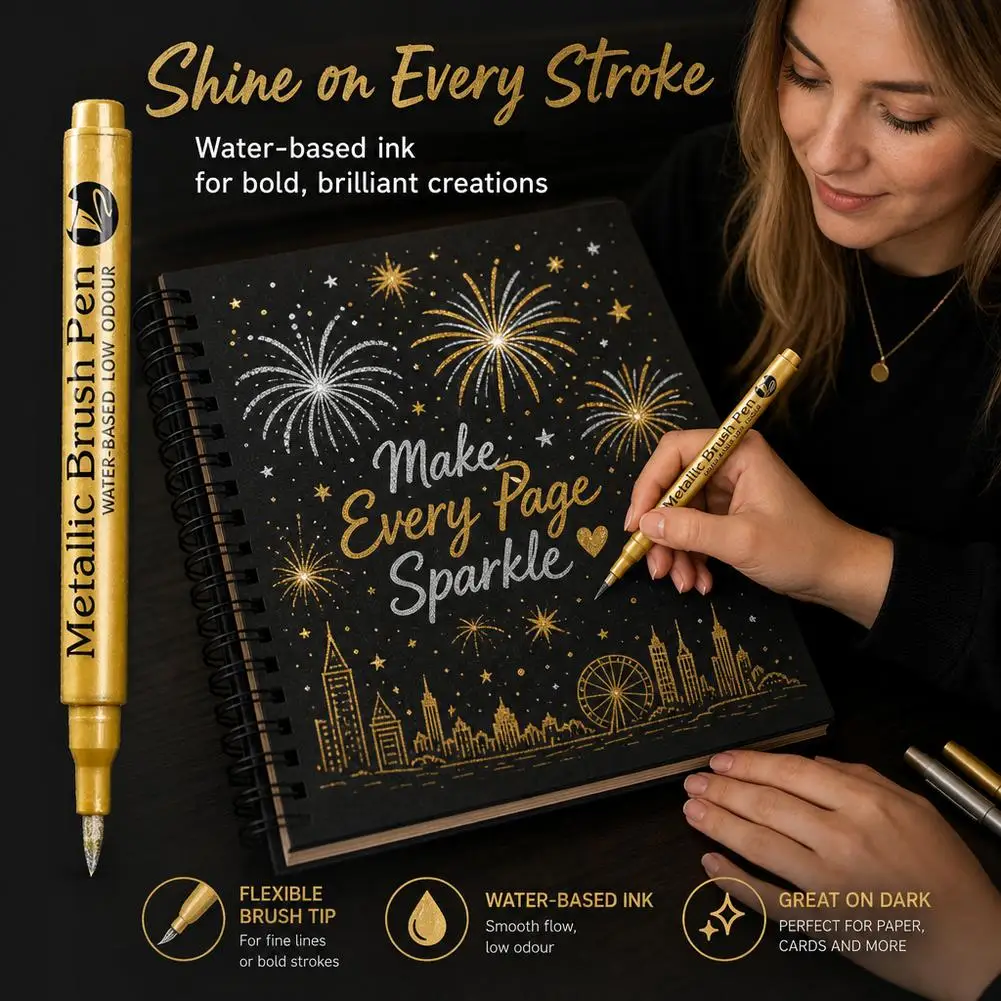 Metallic Brush Marker Pens Gold Silver Soft Tip Based Paint Rock Painting Card Making Calligraphy Scrapbooking Art Supplies