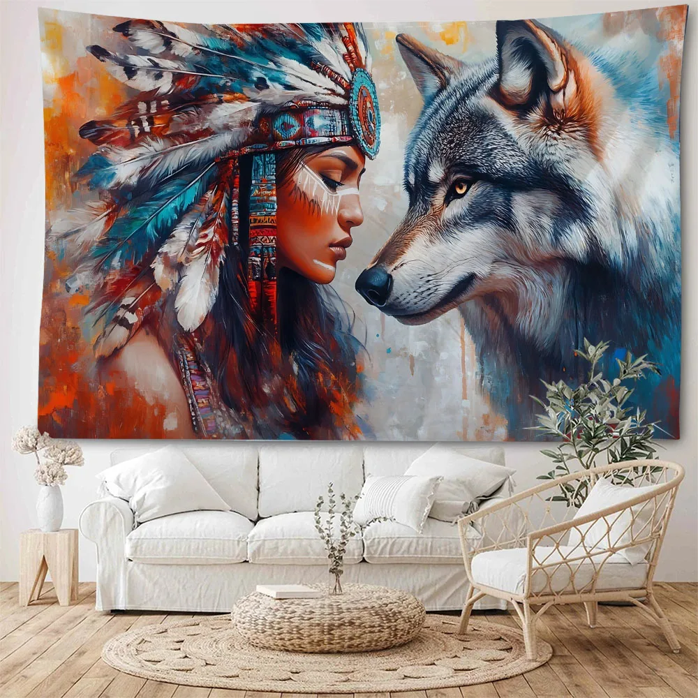 

Vintage character art tapestry, home wall decoration fabric mural, hippie psychedelic wall hanging background poster