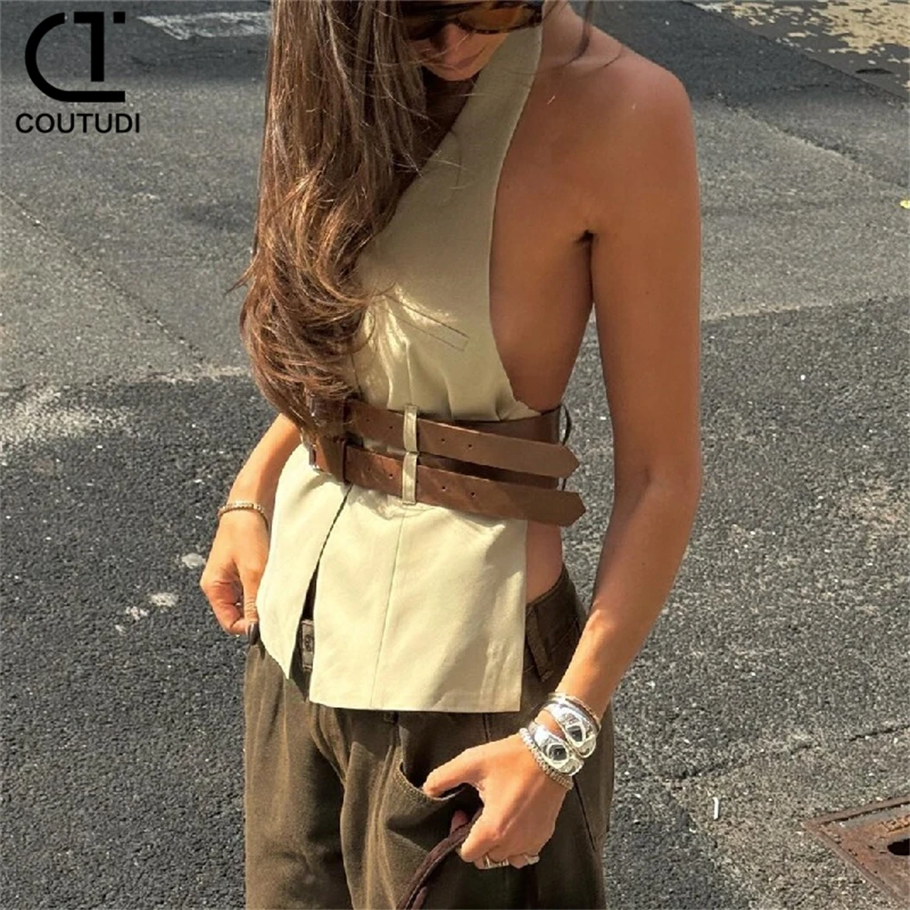 

COUTUDI Y2K Chic Two Piece Sets Leather Belts V-neck Halter Vest And Mini Skirts Women Waistcoat Lady High Street Summer Outfits