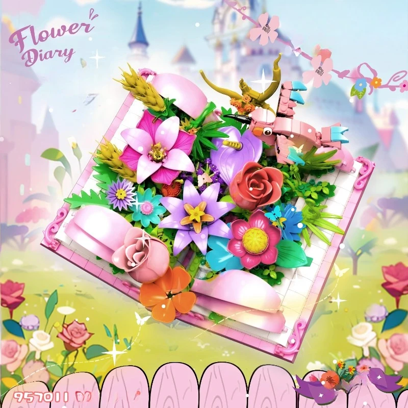 

Цветочный дневник, строительные блоки, букет, детская собранная игрушка, роза, креативная ручная работа, сделай сам, модель, украшение для рабочего стола, подарок на день рождения