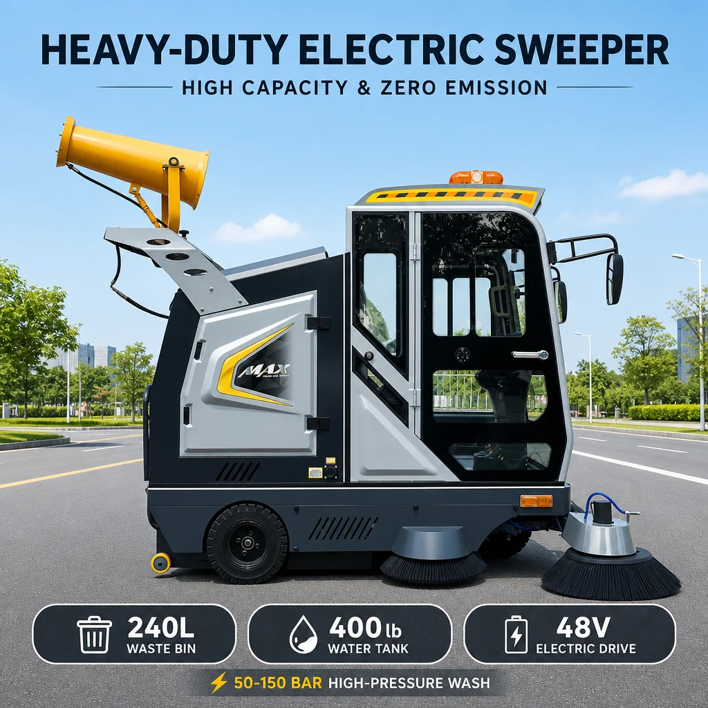 Wolf Warrior 48V Ride-on Street Sweeper 2300mm Road Cleaning Vehicle 240L Dustbin with Mist Sprayer for Factory Warehouse