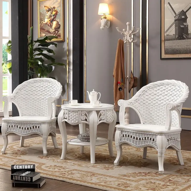 

Balcony table and chairs coffee table combination white living room rattan woven single casual backrest chair