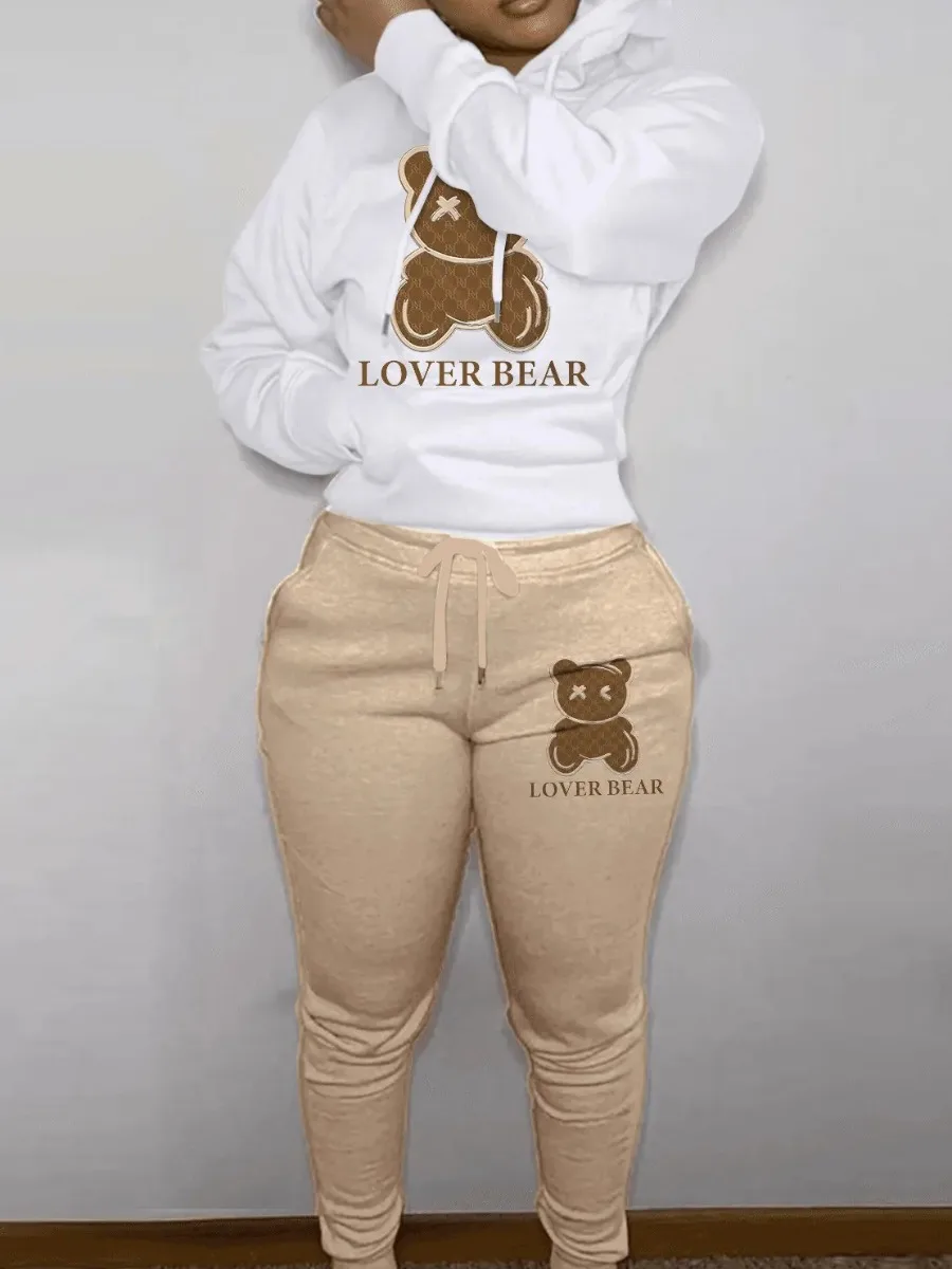 Lw Lovely Bear Letter Print Kangaroo Pocket Tracksuit Set Long Sleeve Hoodie+drawstring Trousers Women Two Pieces Matching Suits