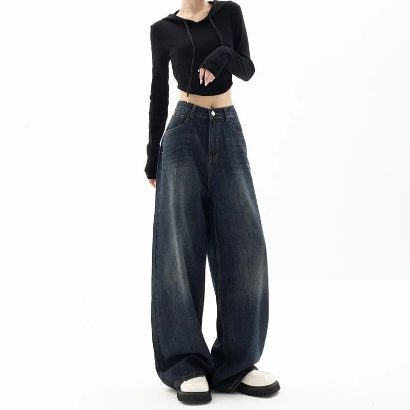 

American Retro Blue Wide Leg Denim Pants High Waist Loose Fit Women's Floor-Length Jeans Casual Vintage Style Summer Collection