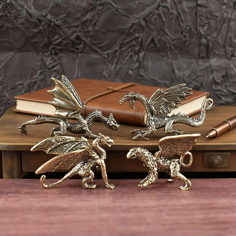 Winged Dragon Brass Ornaments Copper Dragon with Wing Figurine Collectible Bronze Carved Sculpture for Bookshelf Desktop Decor