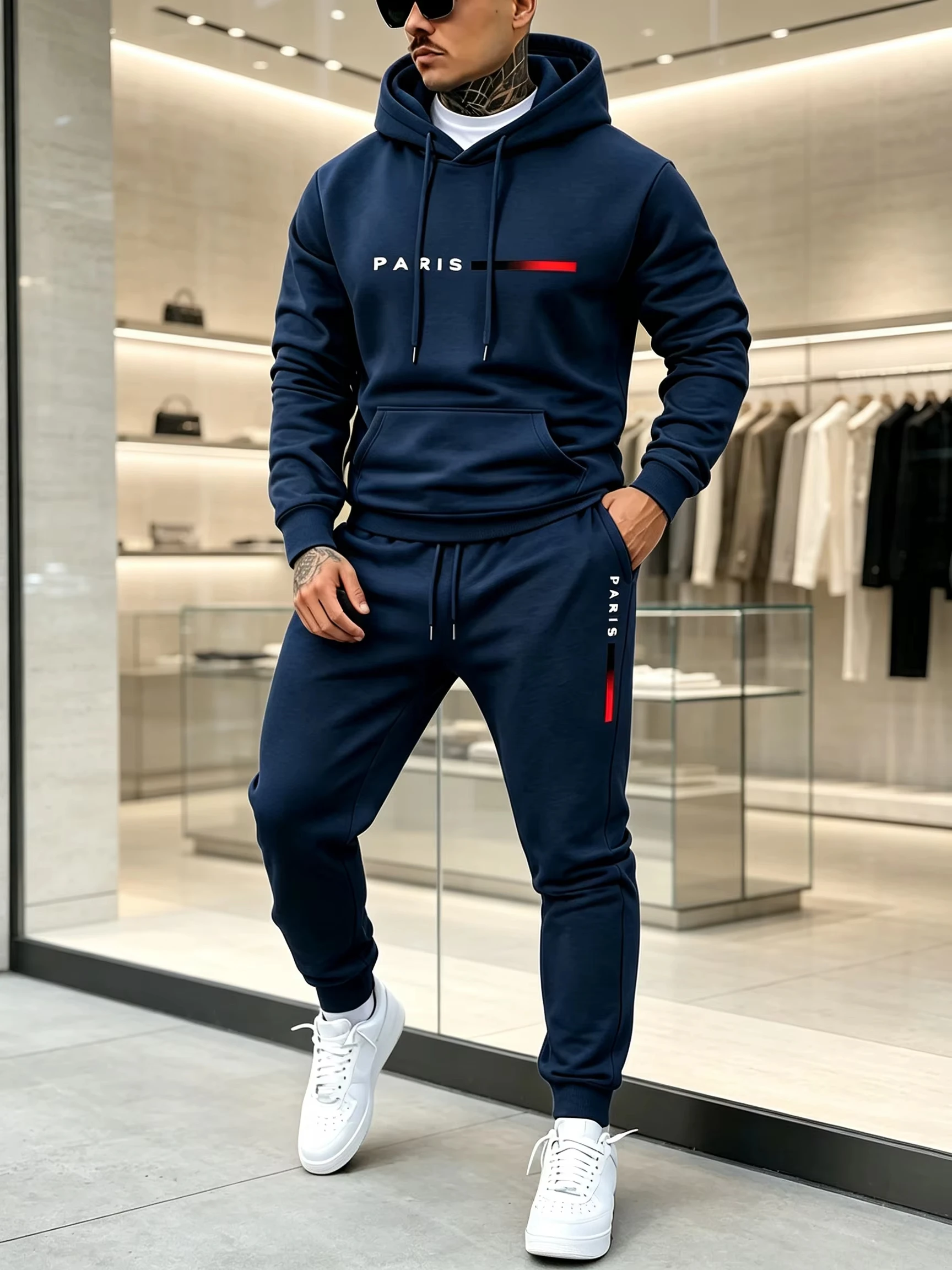 Men's Printed Sportswear Set, Including Hoodie and Long Pants,2-Piece Promotion, Suitable for Warmth in Spring,Autumn and Winter