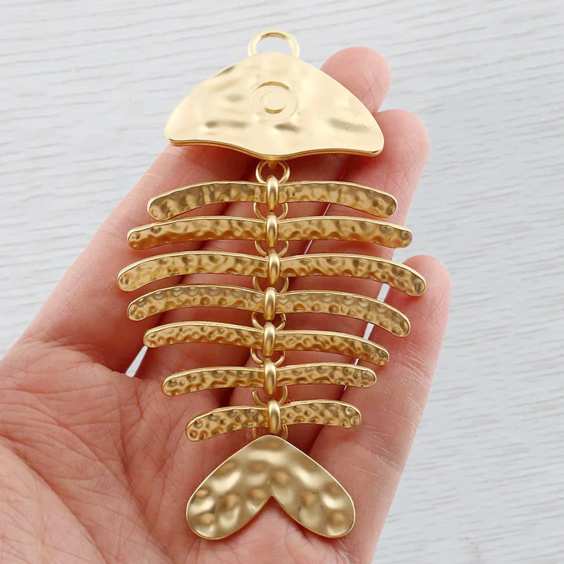 Matte Gold Color Large Hammered Fish Bone Skeleton Moveable Punk Charm Pendant for DIY Necklace Jewelry Making 103x57mm