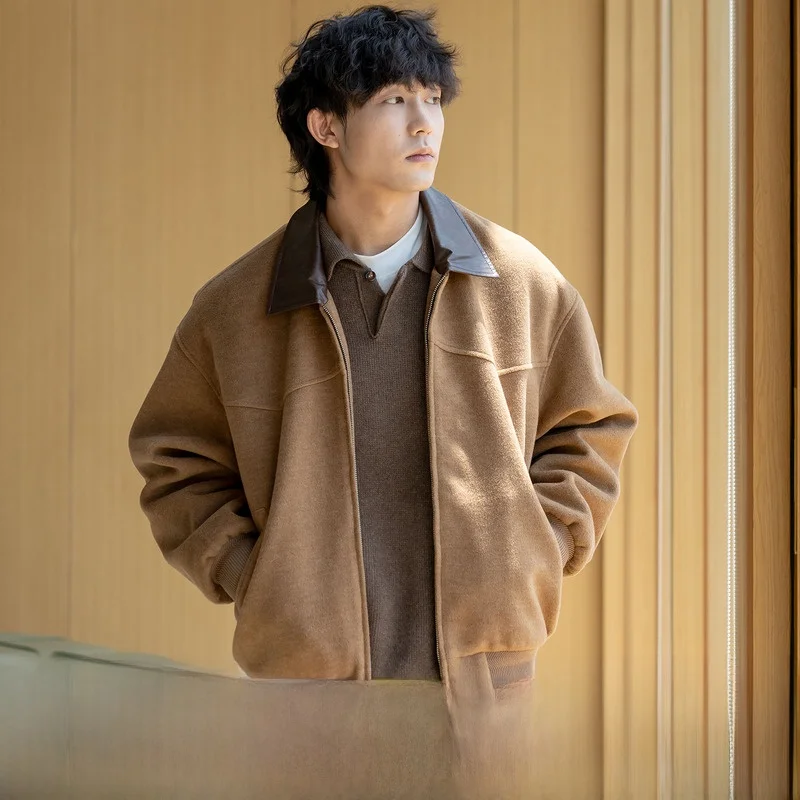 

Retro Japanese Sle Leather Jaet for Men Loose Outdoor Workwear Autumn Seasonal Faion Polyester Blend Long Sve Zipper...