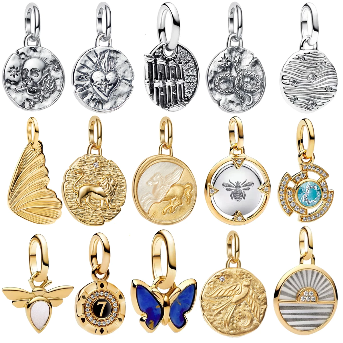 

Vintage 925 Sterling Silver Round Charms Flower Skull Snake Bird Seal Beads Earrings Bracelets Necklaces Womens DIY Jewelry Gift