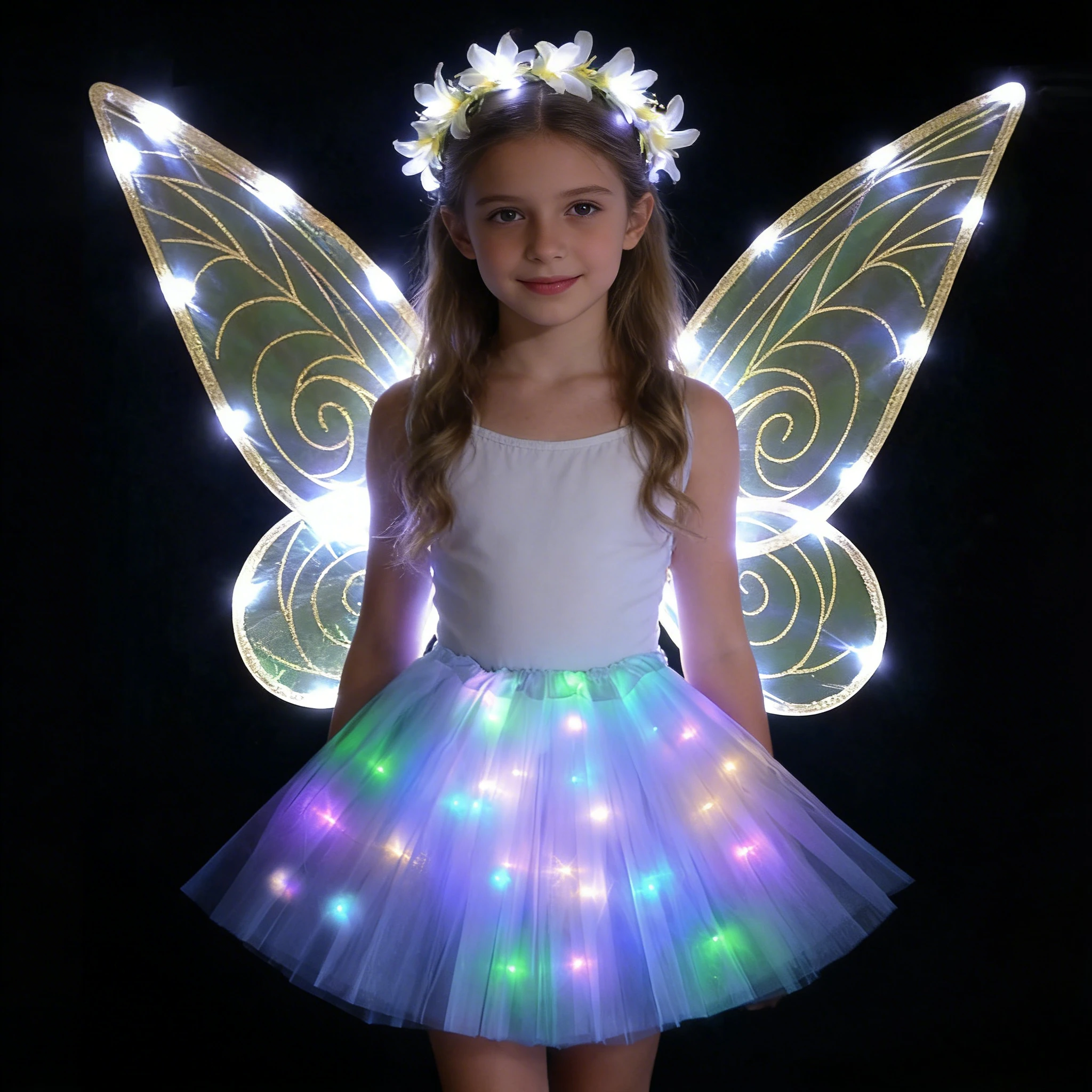Jupe princesse ailes d'elfe lumineuses pour femmes et filles, Tutu scintillant, couronne de fleurs, cadeau d'anniversaire, Costume de mariage, Cosplay, nouvelle collection