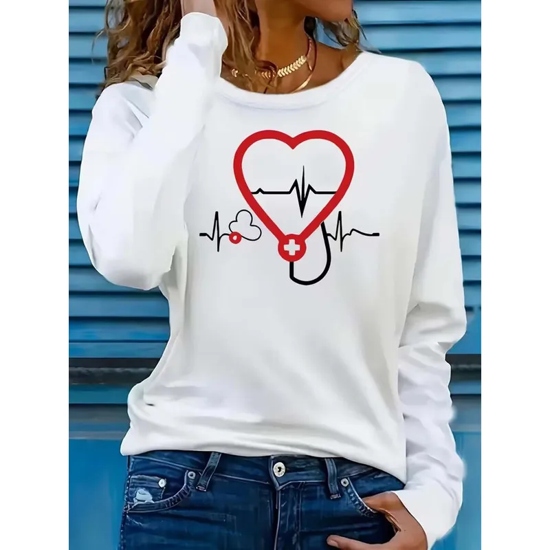 Stethoscope Heart ECG Print Casual Long Sleeve T-Shirt Women'S Oversized Fashion Top ComfyChic for Curvy Daily WearOfficeCasual