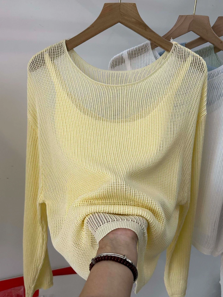 Hollow Out Long Sleeve Thin Knit Blouse 2026 New Summer Sun Protection Cover Up Cami Figure-Flattering Two Piece Set Top view 3
