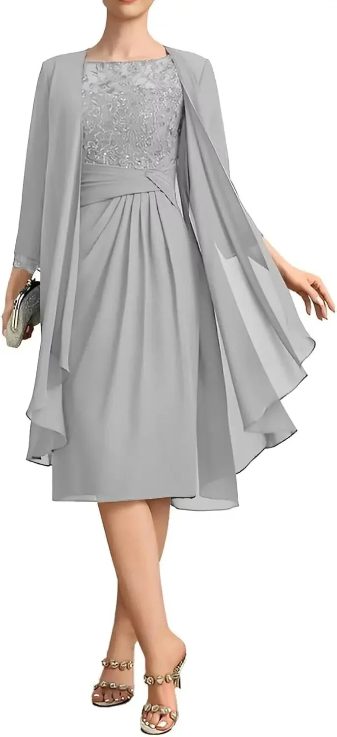 QMANSHA Maßgeschneidertes staubblaues Spitzen-Chiffon-Abendkleid in Knielänge für die Brautmutter mit geraffter Taille – Detail 20