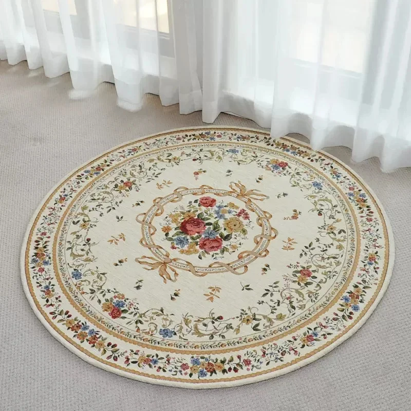 

Vintage Floral & Scroll Round Rug – Elegant European Style Floor Mat in Multi-Color for Living Room or Bedroom