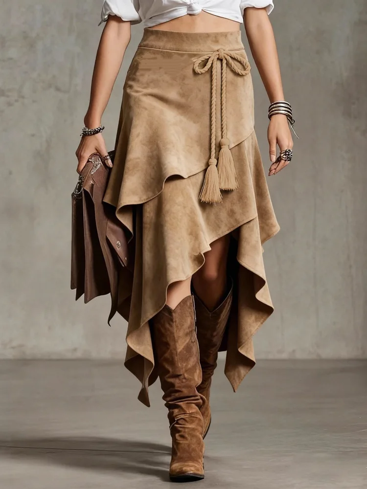 

2026 Autumn Women Vintage Western Irregular Rope-tie Tassel Suede Half Skirt Fashion Streetwear