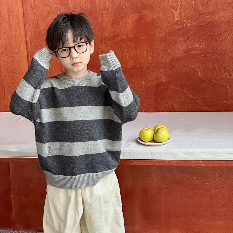 Children Clothes Fashion Ripped Sweater Boys 2024 Autumn Color Striped Cashmere Fashionable Long Sleeve Kids Warm Sweater