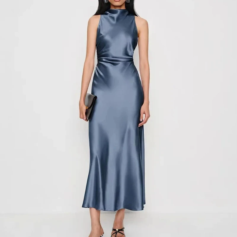 

Temperament Backless Pleated Wrap Hips Dress Elegant Women's Sleeveless Solid Long Dress Fashion Satin Halter Slim Evening Dress