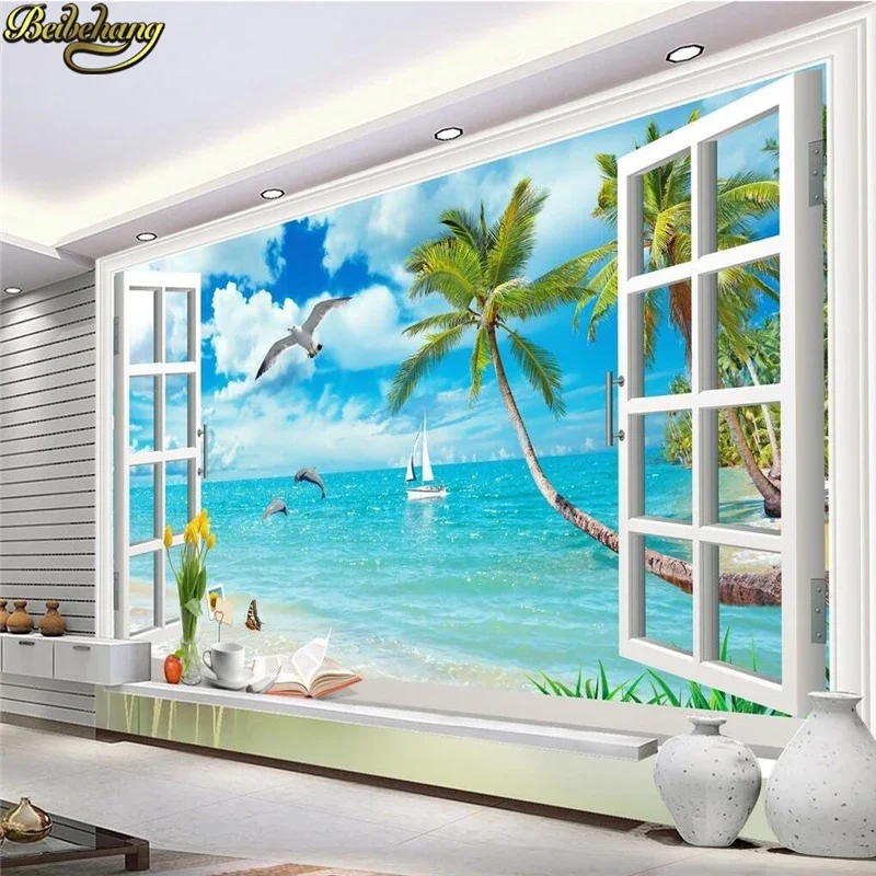 custom Seaside scenery outside window 3D Mural Bedding Room TV Sofa Wall paper Backdrop Mural Decor 3D Wallpaper for living room