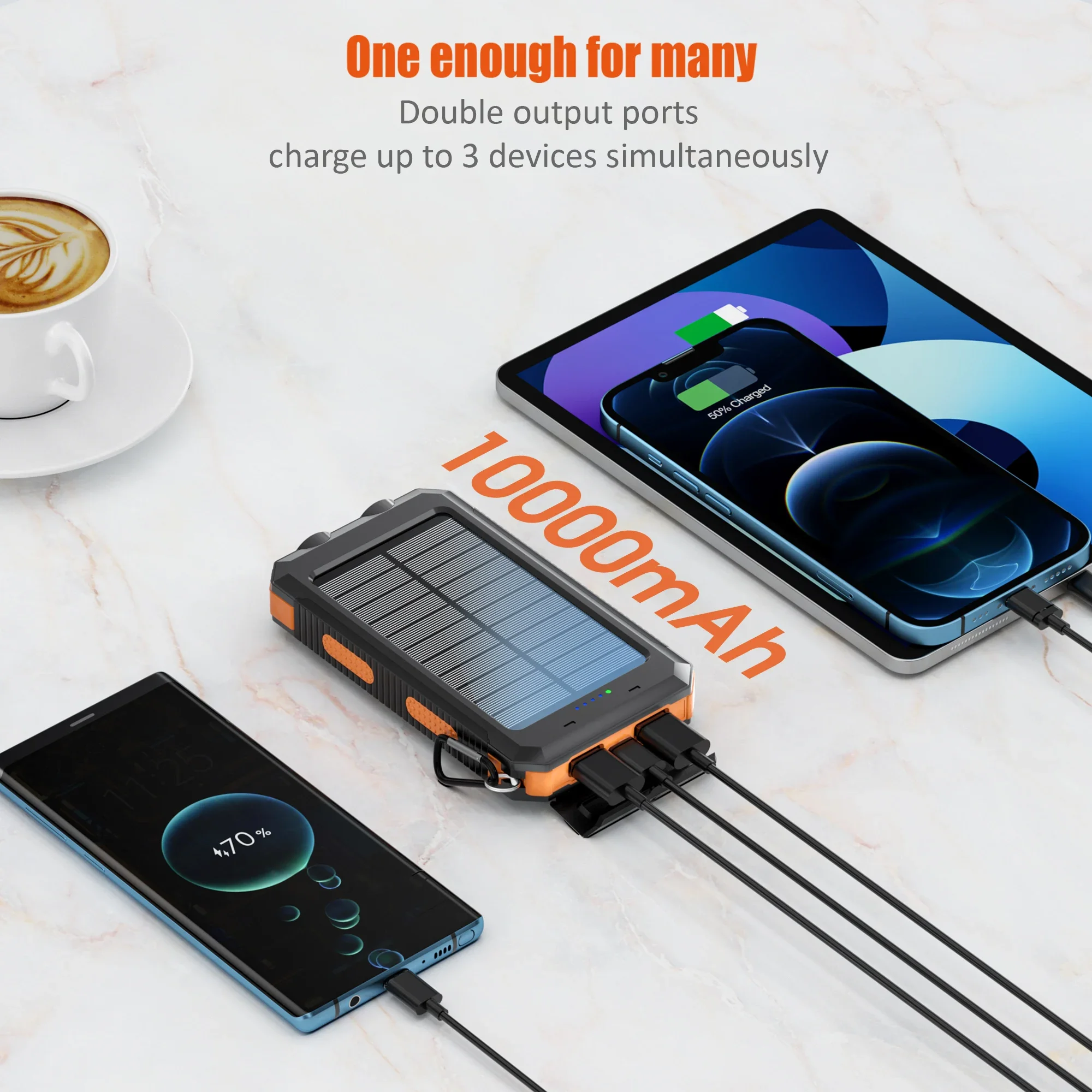 10000mAh Solar Charging Power Bank,Dual USB & Type C Output Port Multicharger Power Bank with Flashlight and Compass 6