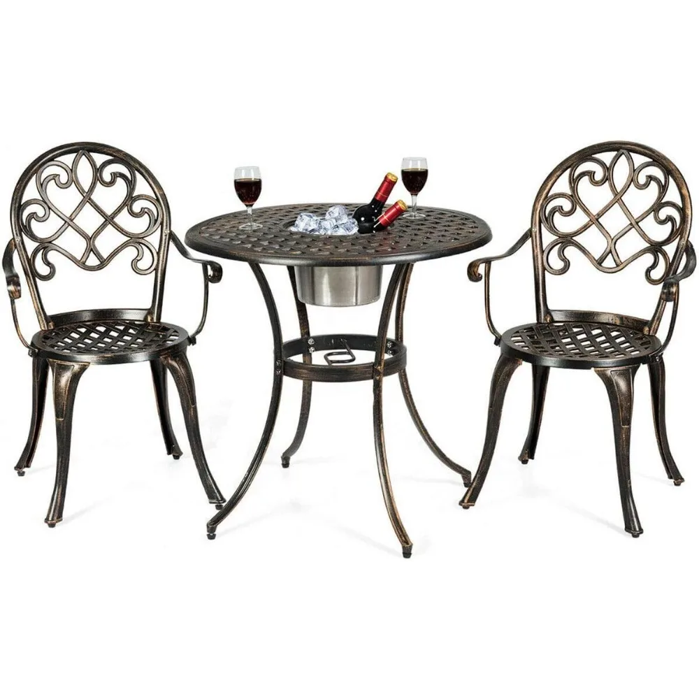 

3pcs Bistro Table Set Cast Aluminum Outdoor Patio Furniture Set Round Table W/Removable Ice Bucket, 2 Chairs Antique Garden Fur