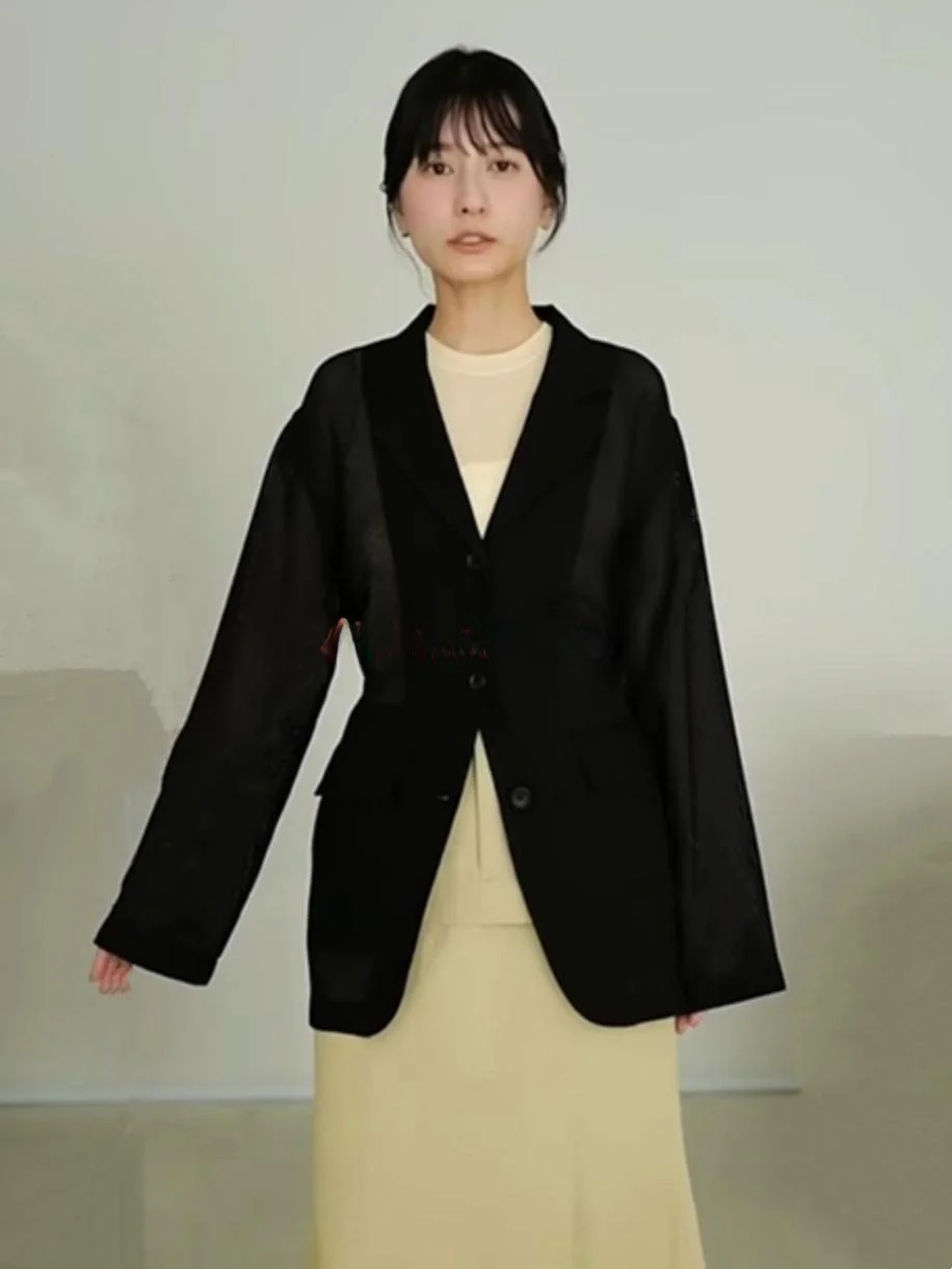 

Костюмный пиджак C1ane с прозрачным сетчатым воротником, утягивающий талию, с поясом, свободного кроя, с длинными рукавами, в деловом стиле, цельный.