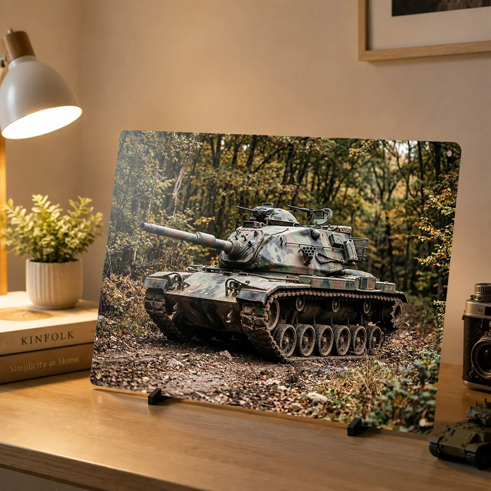 Camouflaged Tank in Autumn Forest Metal Poster Perfect Gift for Fans Lovers Customized Wall Art Metal Sign for Home Decorations
