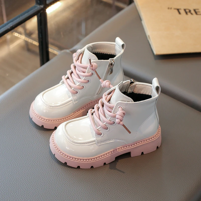 Children's Boots Boys Girls PU Leather Boots Solid Color England Style Plus Warm Shoes Kids Fashion Shiny Small Short Boots