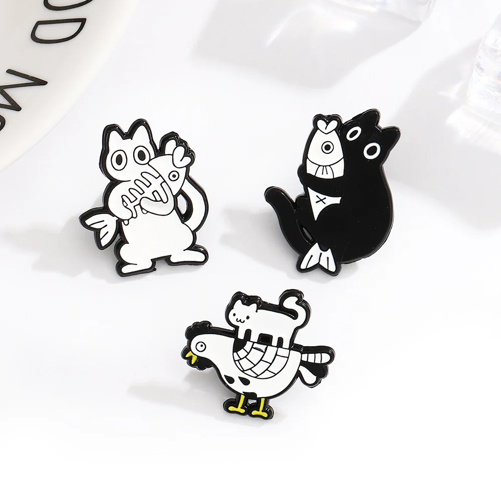 Cute Cartoon Black White Cat Enamel Brooch Creative Animal Chicken Fish Friend Lapel Pin Badge Backpack Clothing Hat Accessories