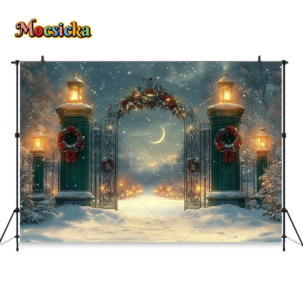 Christmas Eve Background Photography Vintage Green Metal Door Xmas Wreath Lamp Backdrop Kids Snowy Landscape Cake Smash Photo