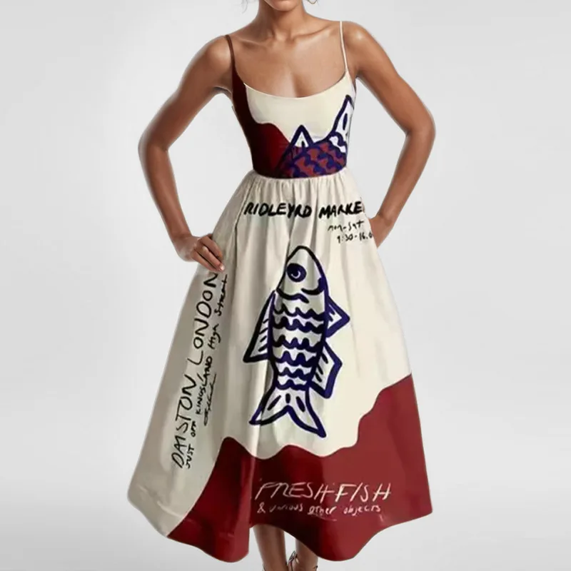 

Women's Fish Print Spaghetti Strap Maxi Dress Crew Neck Sleeveless A Line Swing Sundress Summer Beach Vacation Casual Dress