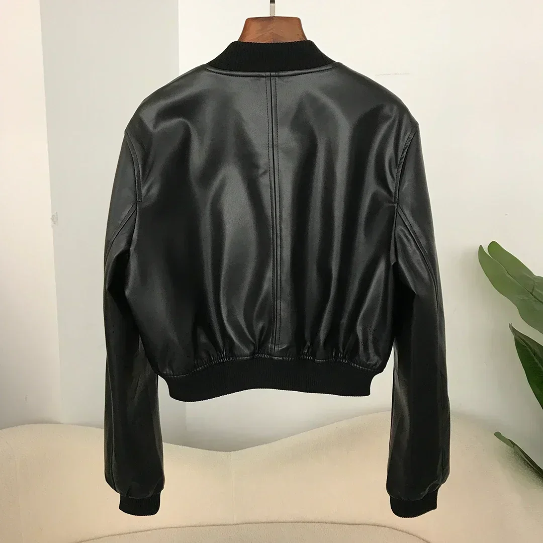 Women Washed Leather Loose Jacket Vintage Stand Collar Gradient Zipper Short Coat Spring Lady Locomotive Style Bomber Brand New