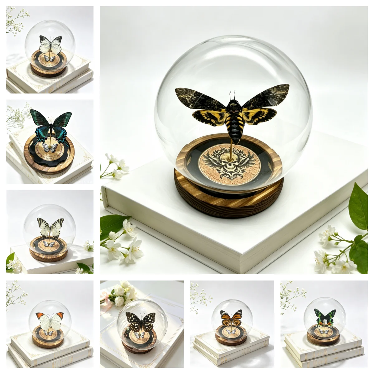 Real butterfly specimen spherical glass cover ornament, vintage insect specimen with solid wood base, Gothic desktop decoration