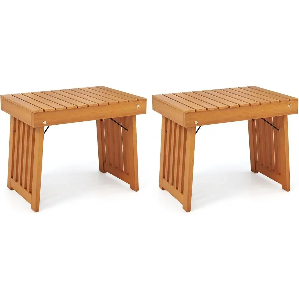 Portable Outdoor Acacia Wood Patio Side Table with Slatted Top for Backyard, Poolside, Balcony (Set of 2)